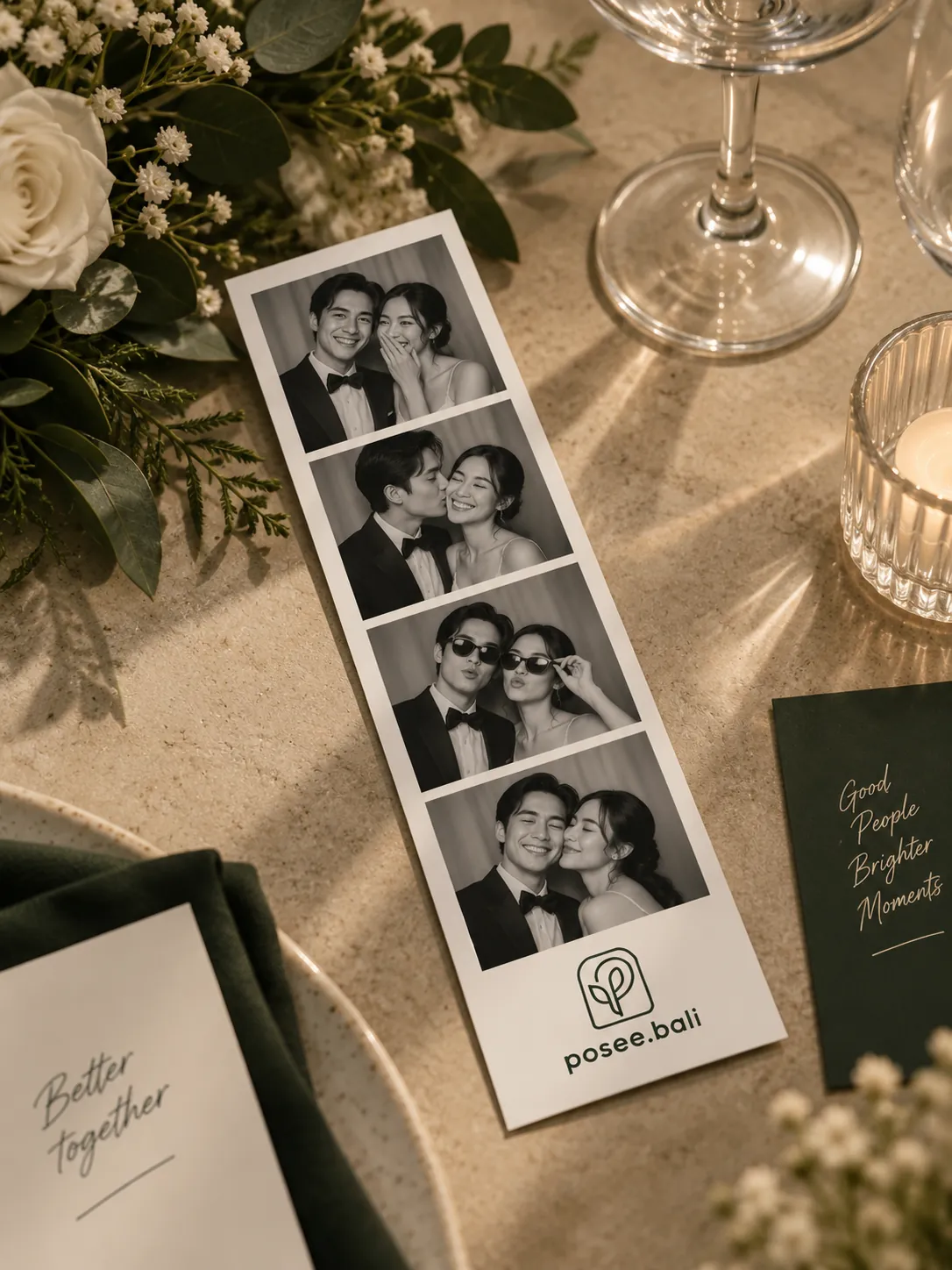 Photostrips arranged on a warm, elegant table